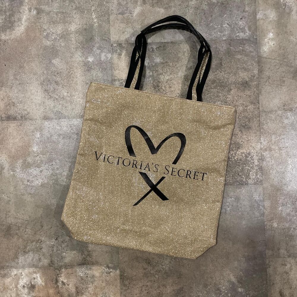 victoria’s secret gold and black sparkly medium sized glitter tote bag